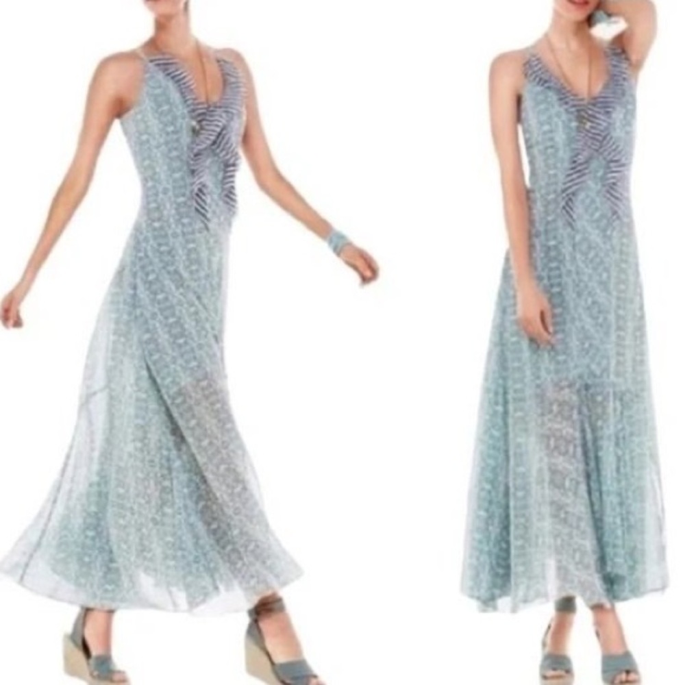 CAbi Blue Floral Maxi Sleeveless Dress 5104 GARDEN PARTY Sz 6 Ruffle